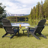 Asofer durable Folding Adirondack Chair and Retractable Ottoman, Wooden Textured with two Cup Holders，HDPE Poolside Backyard Lawn Coffee, Black/Gray