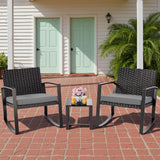 Asofer 3 PCS Patio Furniture Set, Outdoor Rocking Wicker Chair with Cushion & Coffee Table, Balcony, Poolside, Gray