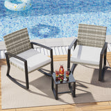 3-Piece Outdoor Furniture,Lofka Rocking Wicker Bistro Set with Cushions & Tempered Glass Table - Modern Rattan Patio Set for Porch Balcony Garden (Gray)
