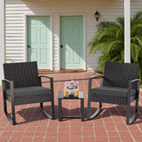 Patio Furniture Set, Asofer Rocking Wicker Chair with Soft Cushion and Coffee Table, for Garden, Balcony, Backyard, Black