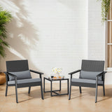 3-Piece Outdoor Patio Furniture Sets ，Modern Rattan Chair Conversation Sets with Soft Cushions, Glass Table and Comfortable Armrests for Balcony, Porch, and Garden - Gray