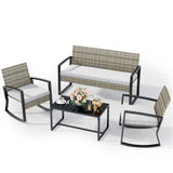 Patio Furniture Set, Asofer 4-PCS Wicker Chair with Glass Table, 2 Rocking Chair for Backyard, Poolside, Porch, Light Grey