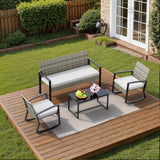 Patio Furniture Set, Asofer 4-PCS Wicker Chair with Glass Table, 2 Rocking Chair for Backyard, Poolside, Porch, Light Grey