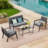 4-Piece Outdoor Patio Furniture Sets ，Modern Rattan Chair Conversation Sets with Soft Cushions, Glass Table and Comfortable Armrests for Balcony, Porch, and Garden - Gray