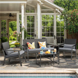 4-Piece Outdoor Patio Furniture Sets ，Modern Rattan Chair Conversation Sets with Soft Cushions, Glass Table and Comfortable Armrests for Balcony, Porch, and Garden - Gray