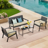 4-Piece Outdoor Patio Furniture Sets ，Modern Rattan Chair Conversation Sets with Soft Cushions, Glass Table and Comfortable Armrests for Balcony, Porch, and Garden - Beige