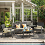 Asofer 4-Pieces Patio Furniture Set with Tempered Glass Table，Outdoor Wicker Conversation Sets for Backyard,Balcony, Porch & Poolside,Gray/Beige