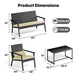 4-Piece Outdoor Patio Furniture Sets ，Modern Rattan Chair Conversation Sets with Soft Cushions, Glass Table and Comfortable Armrests for Balcony, Porch, and Garden - Beige