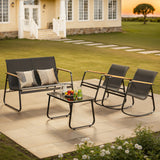 Outdoor Bisto Set, Asofer 4 Pieces Patio Furniture Set Including A Loveseat, Rocking Chairs Set of 2 with A Glass Table for Balcony, Porch, Lawn, Black