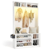 Asofer Hall Tree with Bench and Shoe Storage, Entryway Bench with Coat Rack, Hooks, Adjustable LED Light, White