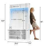 Asofer Hall Tree with Bench and Shoe Storage, Entryway Bench with Coat Rack, Hooks, Adjustable LED Light, White