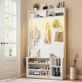 Asofer Hall Tree with Bench and Shoe Storage, Entryway Bench with Coat Rack, Hooks, Adjustable LED Light, White