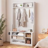 Asofer Hall Tree with Bench and Shoe Storage, Entryway Bench with Coat Rack, Hooks, Adjustable LED Light, White
