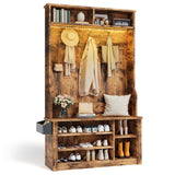 Asofer Hall Tree with Bench and Shoe Storage, Entryway Bench with Coat Rack, Hooks, Adjustable LED Light, Brown