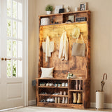 Asofer Hall Tree with Bench and Shoe Storage, Entryway Bench with Coat Rack, Hooks, Adjustable LED Light, Brown