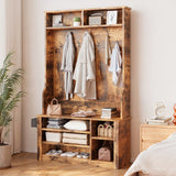 Asofer Hall Tree with Bench and Shoe Storage, Entryway Bench with Coat Rack, Hooks, Adjustable LED Light, Brown