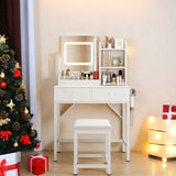 Vanity Desk, Lofka Vanity Mirror with Lights, Small Makeup Vanity Table with 3 Storage Shelves, 2 Drawers and Stool for Women Girls, White