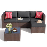 Asofer 5 Pieces Patio Furniture Set, Outdoor Conversation Sectionals, Wicker Chairs Sofa with Cushion and Glass Table