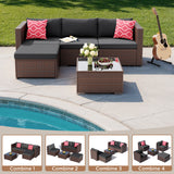Asofer 5 Pieces Patio Furniture Set, Outdoor Conversation Sectionals, Wicker Chairs Sofa with Cushion and Glass Table