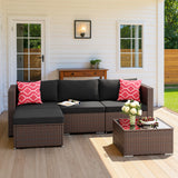 Asofer 5 PCS Outdoor Sectional Sofa Set PE Wicker Rattan Patio Furniture Set with a Glass Coffee Table for Backyard Porch Poolside Patio,Gray