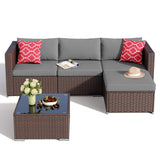 Noelse Patio Furniture Set, 5 Piece PE Rattan Outdoor Sectional Sofa Set with Coffee Table and Gray Cushions