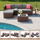 Noelse Patio Furniture Set, 5 Piece PE Rattan Outdoor Sectional Sofa Set with Coffee Table and Gray Cushions
