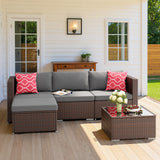 Noelse Patio Furniture Set, 5 Piece PE Rattan Outdoor Sectional Sofa Set with Coffee Table and Gray Cushions