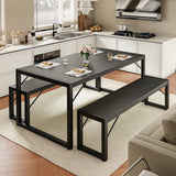 3 Piece Dining Table Set For 4, Asofer Dining Set With 2 Benches For Kitchen Living Room,Small Space, Black