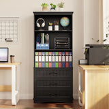 Asofer Modern Black Wood Bookcase, 3 Open Shelves & 3 Storage Drawers, Multi-Purpose Display Bookshelves