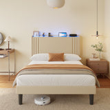 Asofer Full Bed Frame w/Upholstered Wingback, Wood Slats, Charging Station & LED Lights, Beige
