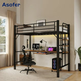Asofer Twin Metal Loft Bed with Desk, Charging Station & LED Lights - CPU Station, 13" Guardrail, Retro