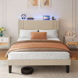 Asofer Full Bed Frame w/Upholstered Wingback, Wood Slats, Charging Station & LED Lights, Beige