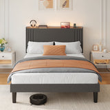 Asofer Full Bed Frame w/Upholstered Wingback, Wood Slats, Charging Station & LED Lights, Dark Gray