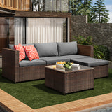 Asofer 5 Pieces Patio Furniture Set, Outdoor Conversation Sectionals, Rattan Chairs Sofa with Cushion and Glass Table,Gray