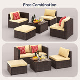 Asofer 5 PCS Outdoor Sectional Sofa Set PE Wicker Rattan Patio Furniture Set with a Glass Coffee Table for Backyard Porch Poolside Patio,Gray