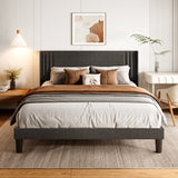 Asofer Queen Size Bed Frame, Wingback Headboard, Wooden Slats, Adapted 8"-12" Mattresses, for Bedroom, Grey