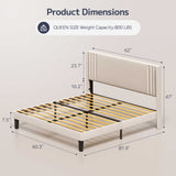 sofer Queen Bed Frame with Upholstered Headboard, Metal Platform Bed Frame, Noise Free, Beige Finish