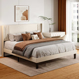 sofer Queen Bed Frame with Upholstered Headboard, Metal Platform Bed Frame, Noise Free, Beige Finish