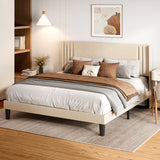 Quiet Full Platform Bed Frame with Headboard, Tool-Free Setup, Sturdy 850lb Support & Under Bed Storage, Beige