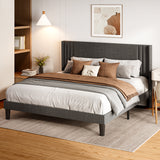 Asofer Full Size Bed Frame, Wingback Linen Headboard, Adapted 8"-12" Mattresses, for Bedroom, Dark Grey