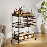 Asofer 3 Tier Home Bar Cart with Wine Rack and Glasses Holder, Mobile Kitchen Storage on Wheels