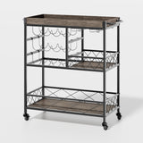 Asofer 3 Tier Home Bar Cart with Wine Rack and Glasses Holder, Mobile Kitchen Storage on Wheels