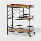 Asofer 3 Tier Home Bar Cart with Wine Rack and Glasses Holder, Mobile Kitchen Storage on Wheels