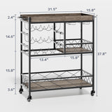 Asofer 3 Tier Home Bar Cart with Wine Rack and Glasses Holder, Mobile Kitchen Storage on Wheels