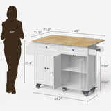 Asofer Kitchen Island with Storage, Rolling Kitchen Cart on Wheels, 43.4" Wood Drop Leaf, White