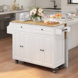 Asofer Kitchen Island with Storage, Rolling Kitchen Cart on Wheels, 43.4" Wood Drop Leaf, White