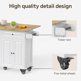 Asofer Kitchen Island with Storage, Rolling Kitchen Cart on Wheels, 43.4" Wood Drop Leaf, White