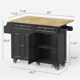 Asofer 43.4" Kitchen Island Cart, with Wood Drop Leaf, 2 Drawers & 2 Doors Storage Cabinet, Black