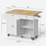 Asofer Kitchen Island with Storage, Rolling Kitchen Cart on Wheels, 43.4" Wood Drop Leaf, White