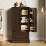 63-Inch Dark Brown Pantry Cabinet, Moisture-Proof & Anti-Tip with Drawers and Barn Doors for Spacious Storage
